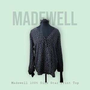 Madewell 100% Silk Star Print Blouse M Black White | Tie Sleeve, Button Front